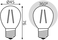 led лампа Gauss Filament Elementary G45 Е27 8 Вт - размеры