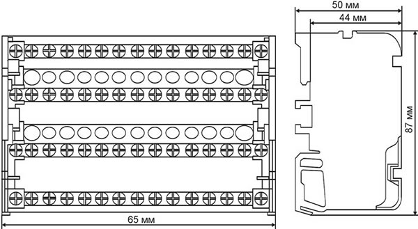 шина на DIN-рейку в корпусе (кросс-модуль) ШН103-4-07-100 DEKraft - размеры
