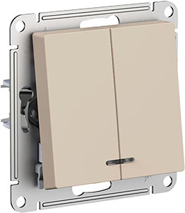 выключатель 2-клавишный Systeme Electric AtlasDesign, с подсветкой, песочный - внешний вид
