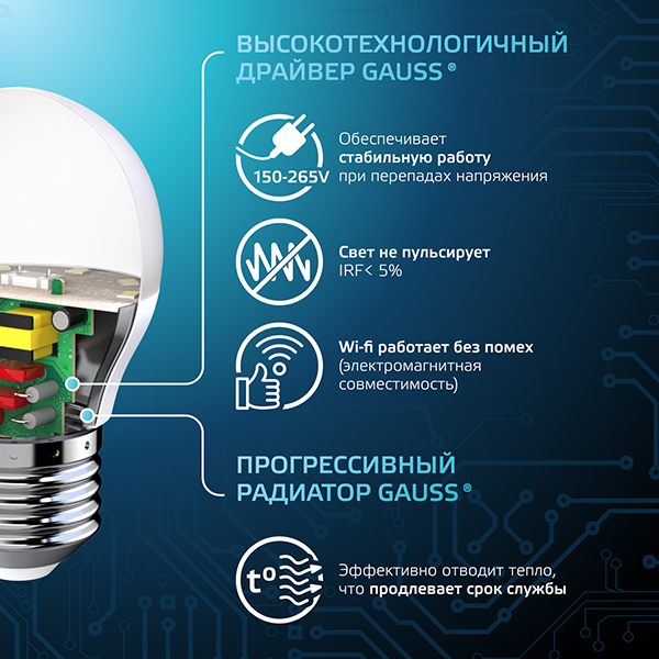 купить Лампа шар свд Е27 9,5Вт 6500К 950лм G45 матовый Gauss  в Ухте Лампа шар свд Е27 9,5Вт 6500К 950лм G45 матовый Gauss