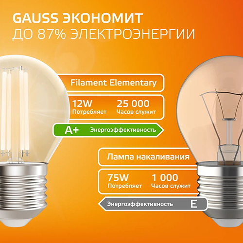 купить Лампа шар свд Е27 12Вт 2700К 730лм G45 прозрачный филамент Gauss  в Ухте Лампа шар свд Е27 12Вт 2700К 730лм G45 прозрачный филамент Gauss