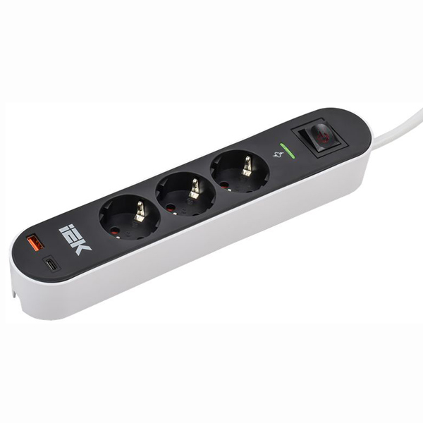 Фильтр сетевой 3-мест 3м ПВС 3*1,5 черный выкл IEK USB A+C