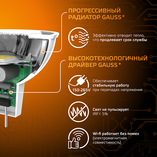 купить Лампа свд 220В GU5.3 9Вт 3000К 830лм MR16 прозрачная Gauss  в Ухте Лампа свд 220В GU5.3 9Вт 3000К 830лм MR16 прозрачная Gauss