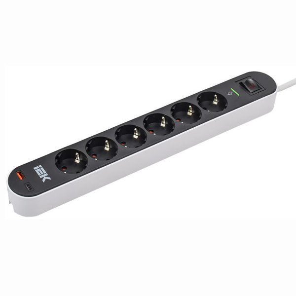 Фильтр сетевой 6-мест 1,5м ПВС 3*1,5 черный выкл IEK USB A+C