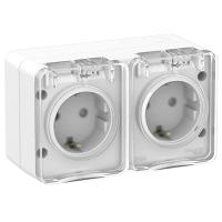 купить Атлас Профи белый розетка открытая 2-мест шторки IP54  в Ухте Атлас Профи белый розетка открытая 2-мест шторки IP54