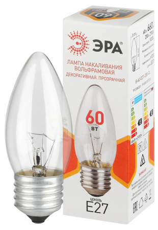 Лампа свеча накал Е27 60Вт 660лм прозрачная ЭРА