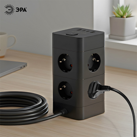 Фильтр сетевой 8-мест 1,5м ПВС 3*1 черный USB ЭРА Башня (2А+2С)