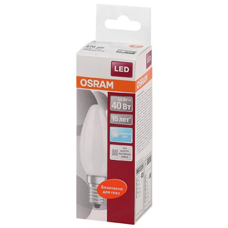 купить Лампа свд 220В E14 5Вт 4000К 470лм свеча B35 матовая Osram в Ухте Лампа свд 220В E14 5Вт 4000К 470лм свеча B35 матовая Osram