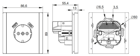 Фортепиано сталь розетка скрытая 1-мест заземление шторки USB IP20 18Вт