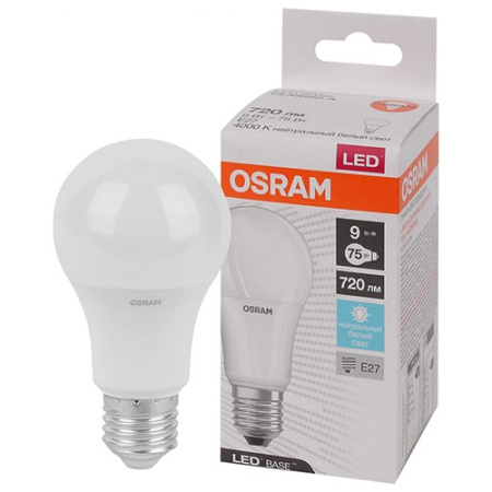 купить Лампа светодиодная 220В Е27 9Вт 4000К 720лм стандарт A60 матовая Osram LED Base в Ухте Лампа светодиодная 220В Е27 9Вт 4000К 720лм стандарт A60 матовая Osram LED Base