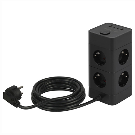 Фильтр сетевой 8-мест 1,5м ПВС 3*1 черный USB ЭРА Башня (2А+2С)