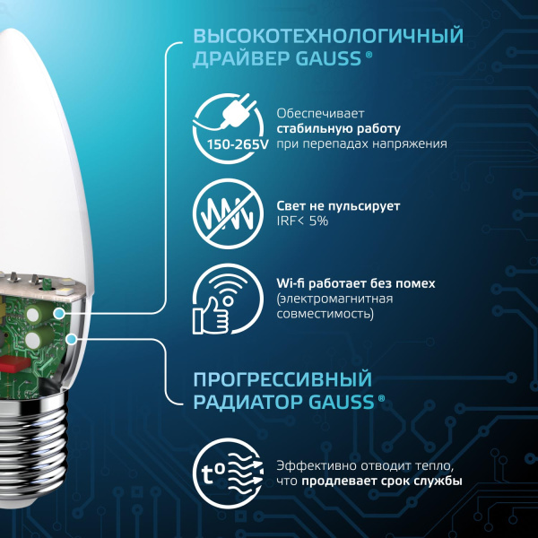 купить Лампа свд 220В E27 9,5Вт 4100К 950лм свеча B35 матовая Gauss  в Ухте Лампа свд 220В E27 9,5Вт 4100К 950лм свеча B35 матовая Gauss