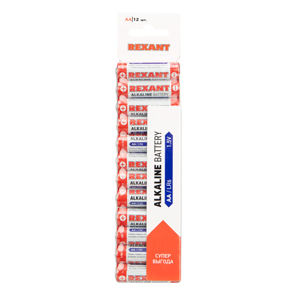 Упаковка батареек 12 штук AA (пальчиковые) алкалиновые Rexant