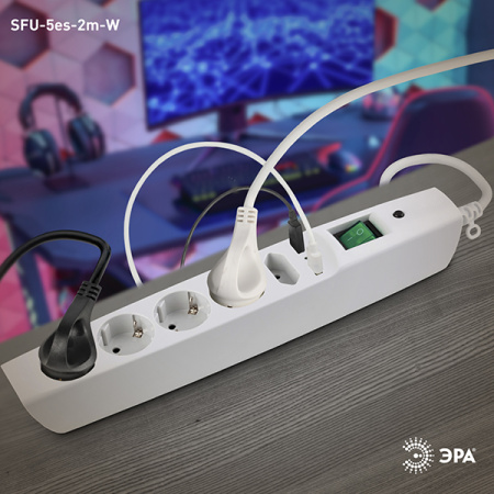 Фильтр сетевой 5-мест 2м ПВС 3*0,75 белый выкл USB ЭРА