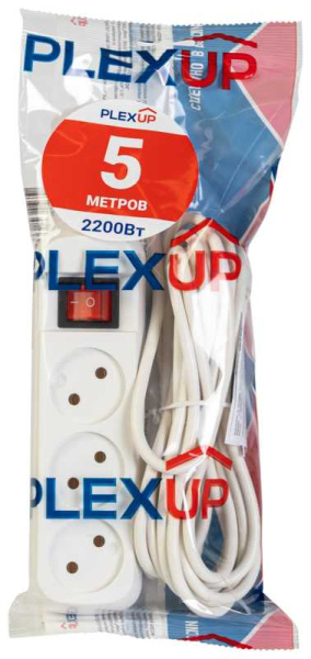 купить Удлинитель 3-мест 5м ПВС 2*0,75 белый выкл PlexUp   в Ухте Удлинитель 3-мест 5м ПВС 2*0,75 белый выкл PlexUp